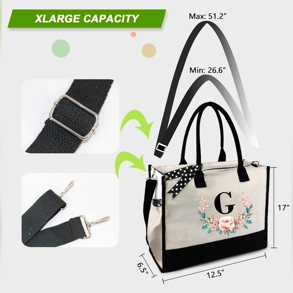 Monogrammed Floral Letter -J- Canvas Tote Bag Zipper Pocket Side Pouch Gift NWT - Picture 8 of 12